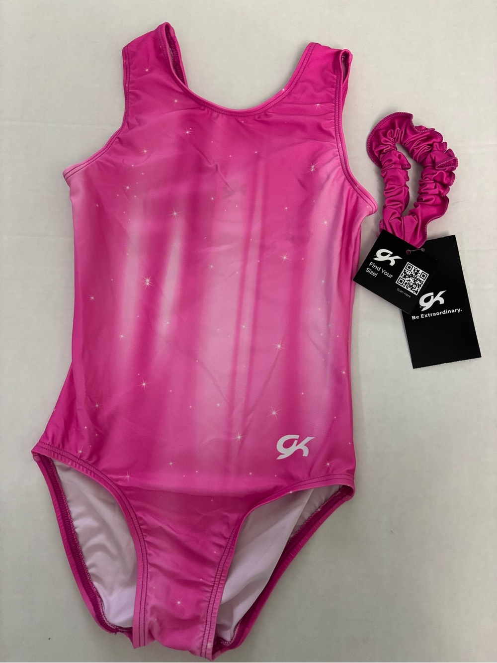 New! GK Gymnastics Tank Leotard+Scrunchie Pink Sparkle Elite Sportswear size CM